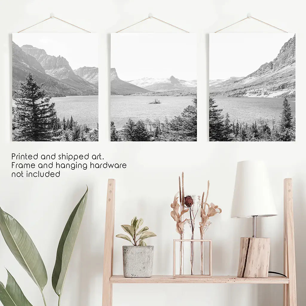 Glacier National Park. US Black White Mountain Lake Prints