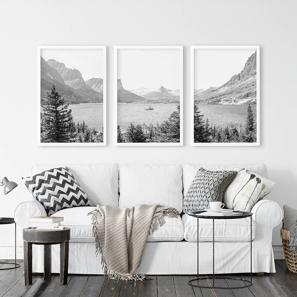 Glacier National Park. US Black White Mountain Lake Prints