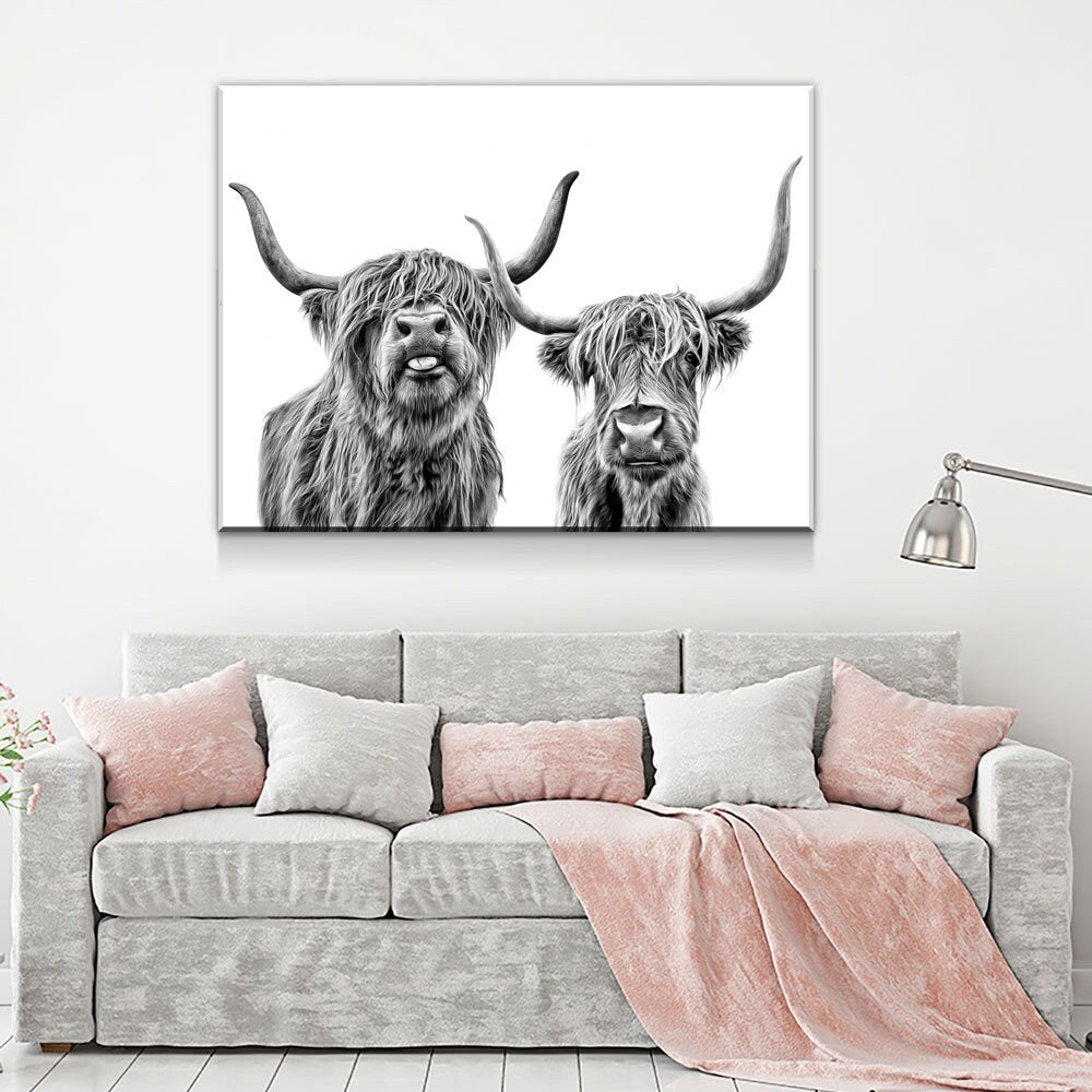 Black & White Highland Cows Canvas Wall Art