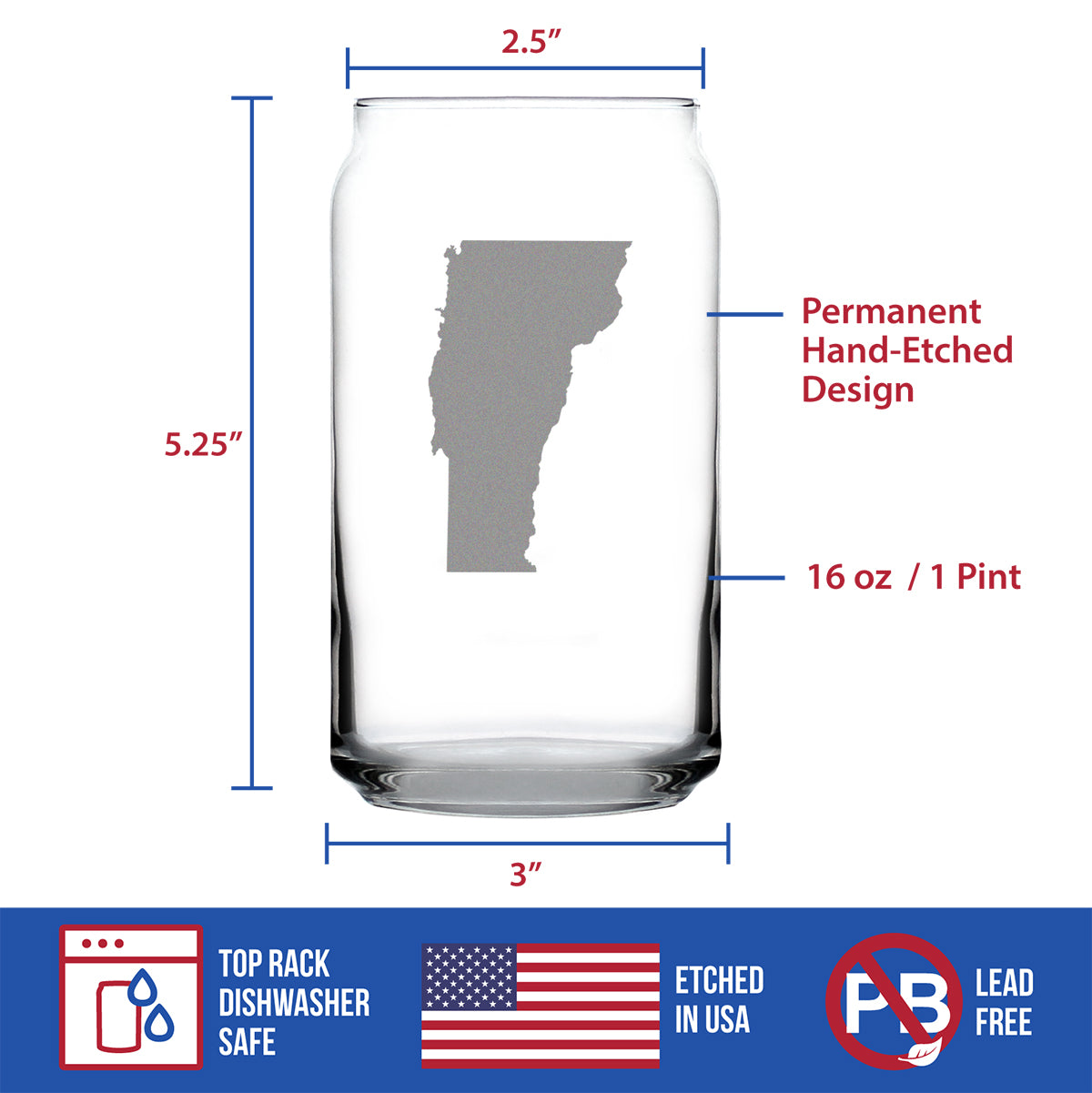 Vermont State Outline Beer Can Glass (16 oz)