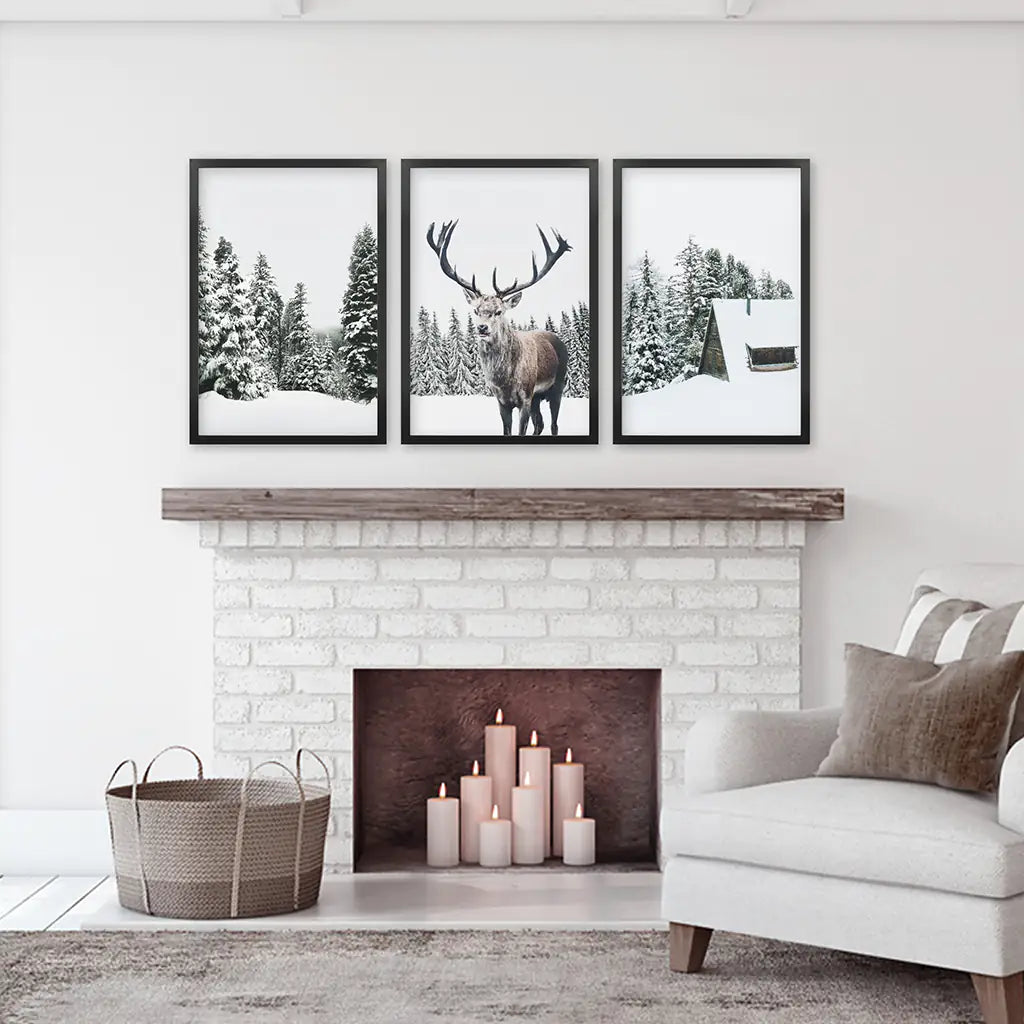 3 Piece Christmas Wall Art. Forest, Log Cabin, Reindeer