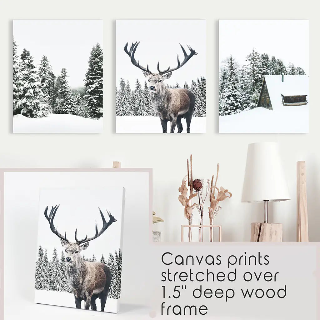 3 Piece Christmas Wall Art. Forest, Log Cabin, Reindeer