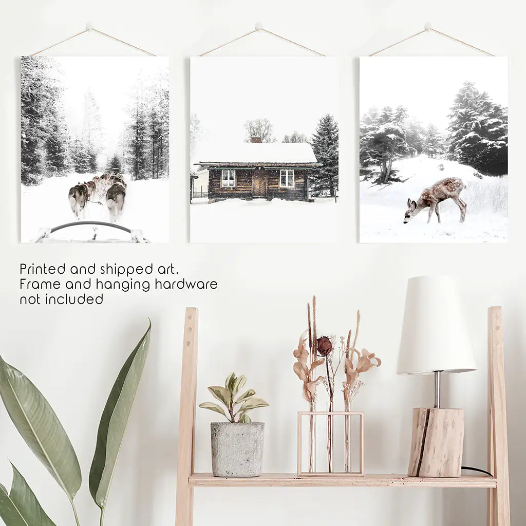 Christmas Mood Set of 3 Prints. Fawn, Log Cabin, Sledding
