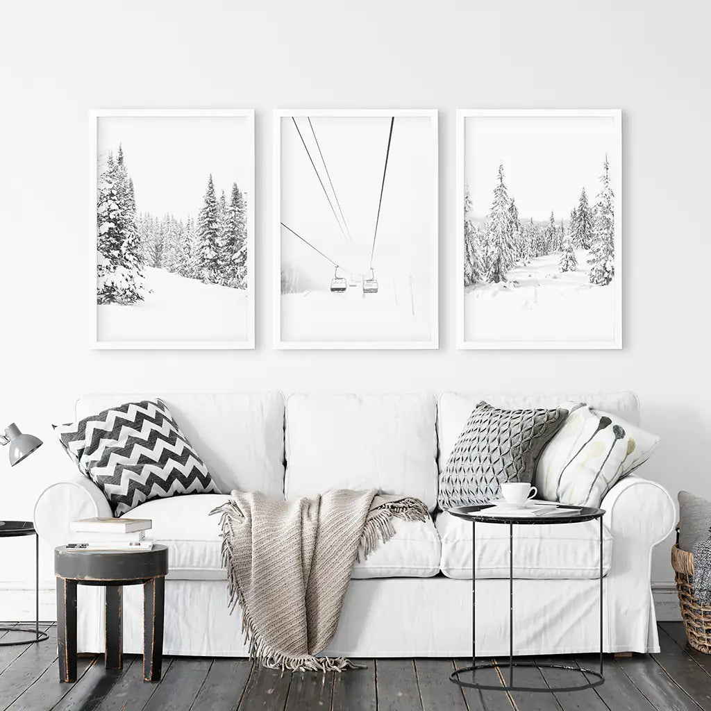 Winter Skiing Black White Wall Art. Ski Lift, Snowy Forest