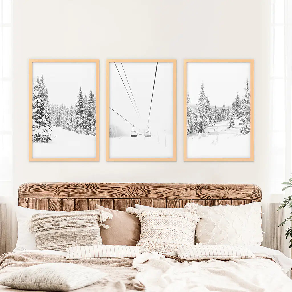 Winter Skiing Black White Wall Art. Ski Lift, Snowy Forest