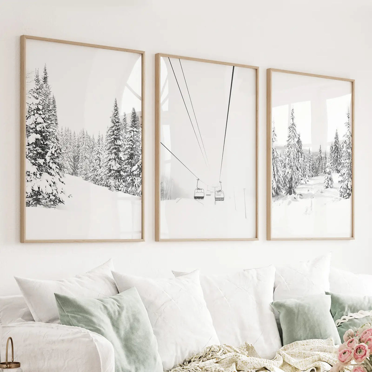 Winter Skiing Black White Wall Art. Ski Lift, Snowy Forest