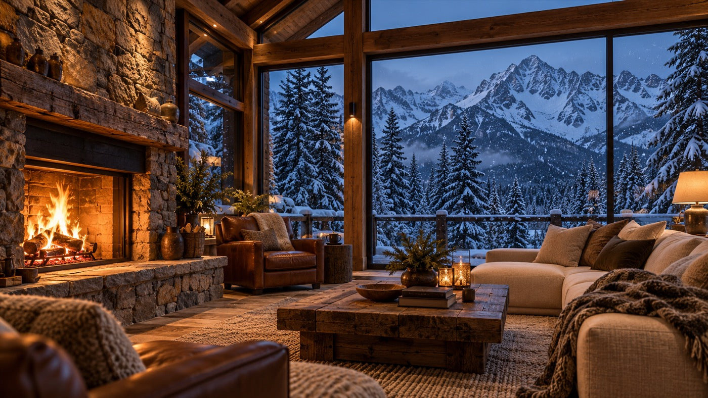 Cabin fireplace and snowy mountain view