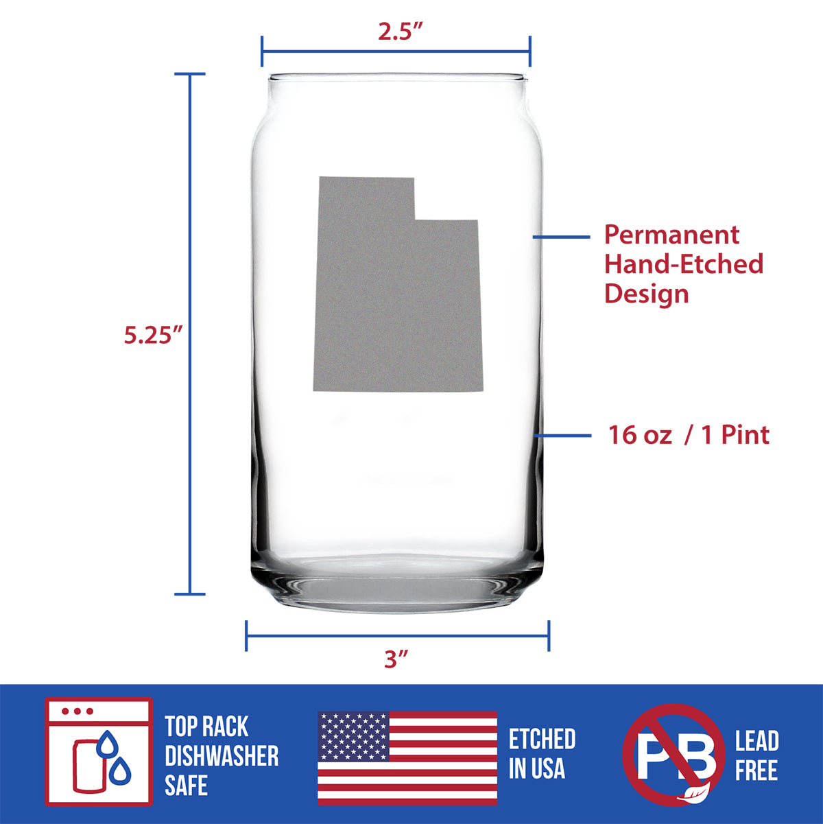 Utah State Outline Beer Can Glass (16 oz)