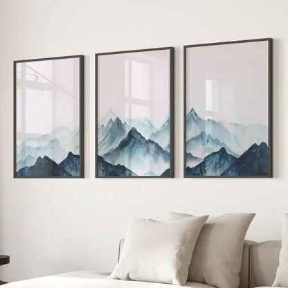 Modern Blue Watercolor Mountain Landscape Prints