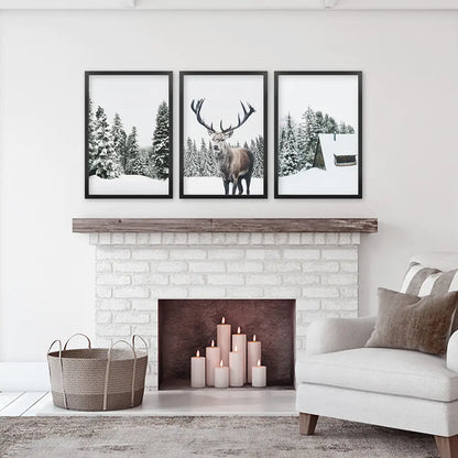 3 Piece Christmas Wall Art. Forest, Log Cabin, Reindeer