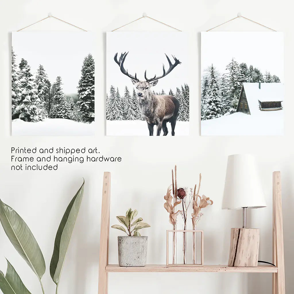 3 Piece Christmas Wall Art. Forest, Log Cabin, Reindeer