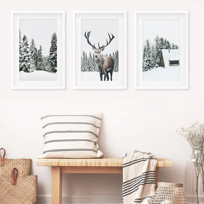 3 Piece Christmas Wall Art. Forest, Log Cabin, Reindeer