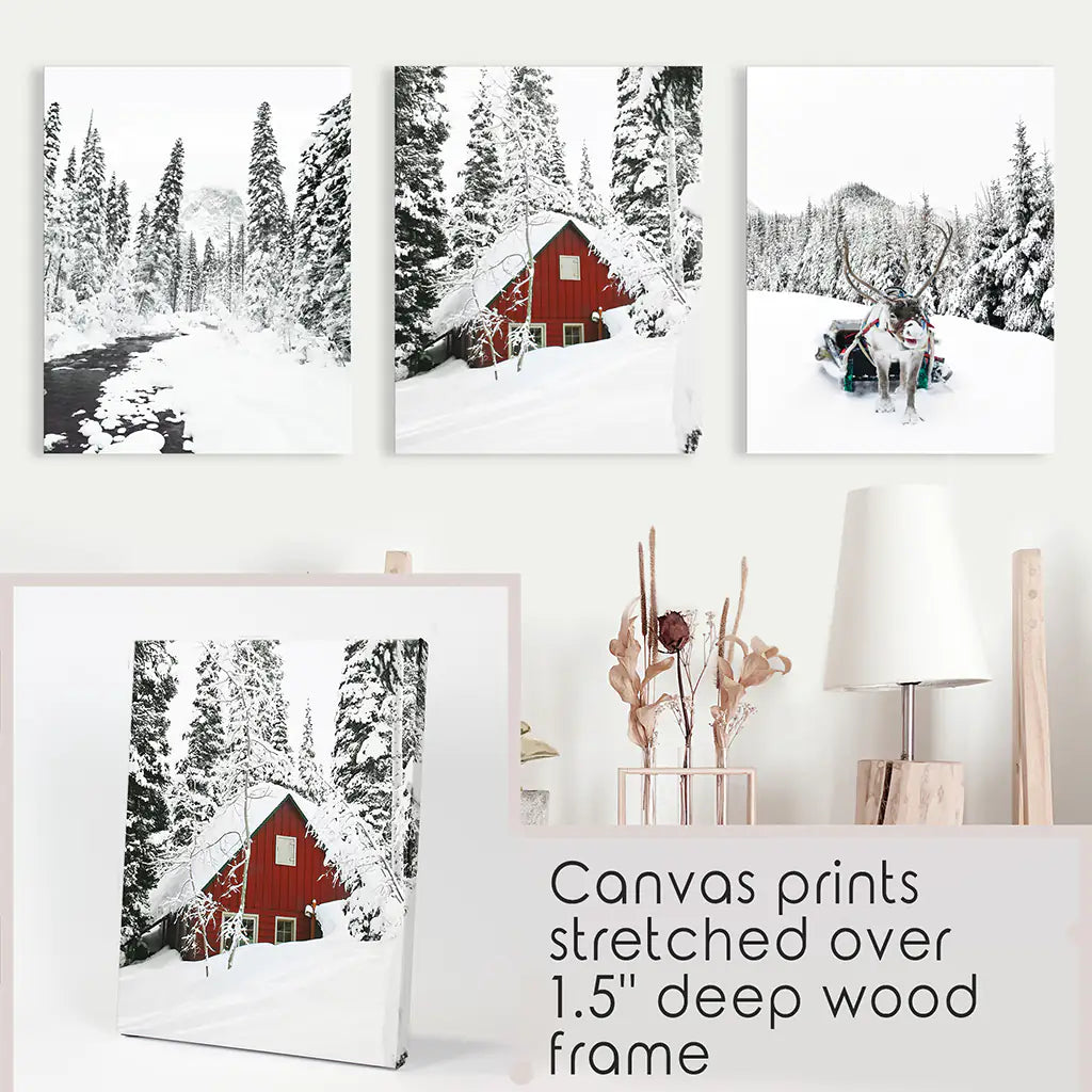 Winter Cabin Set of 3. Snowy Forest River, Red Cabin Landscape