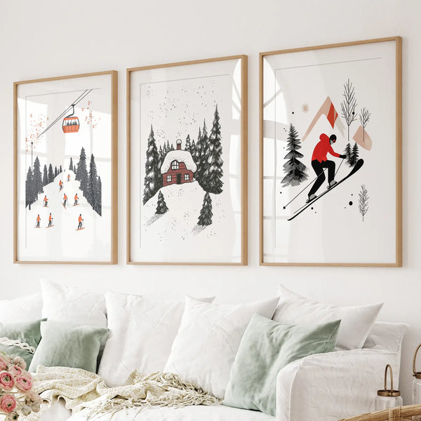 Alpine Skiing Winter Set of 3 Prints Home Wall Art