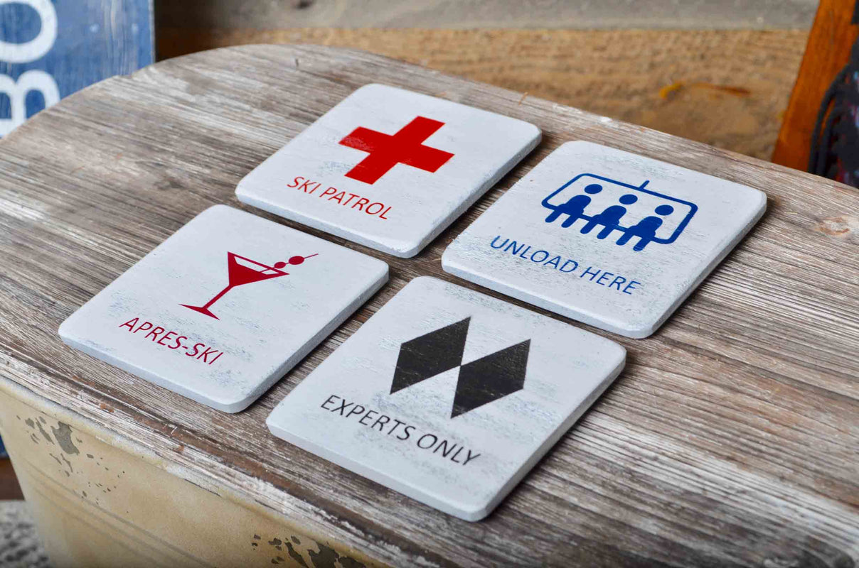 Personalized Ski and Snowboard Drink Coasters. Mountain Home Decor.