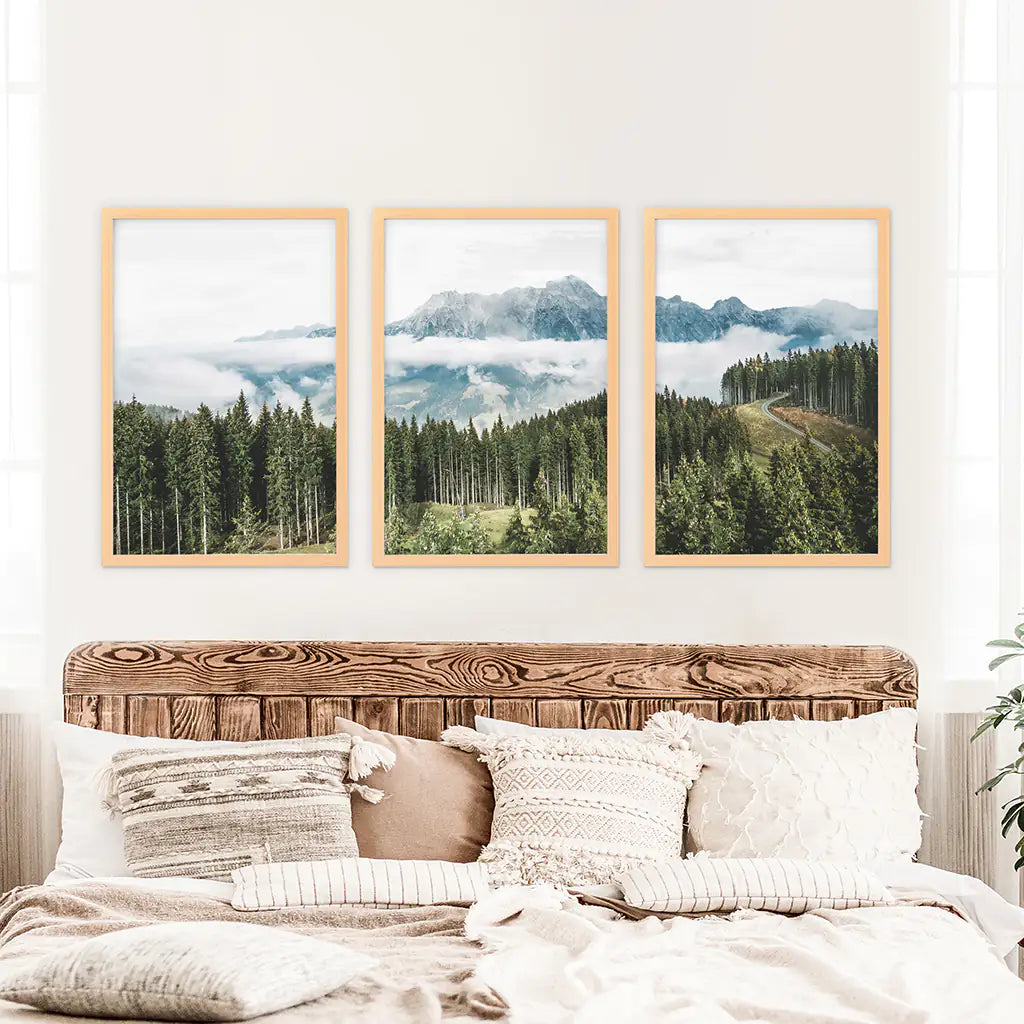 Green Pine Tree Forest. Blue Foggy Mountains. Set of 3 Prints