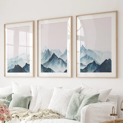 Modern Blue Watercolor Mountain Landscape Prints