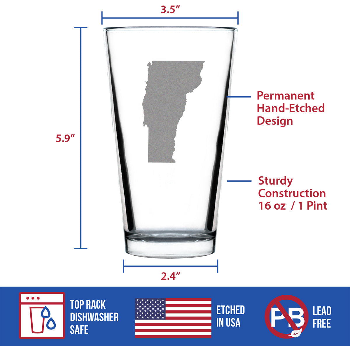 Vermont State Outline Pint Glass (16 oz)