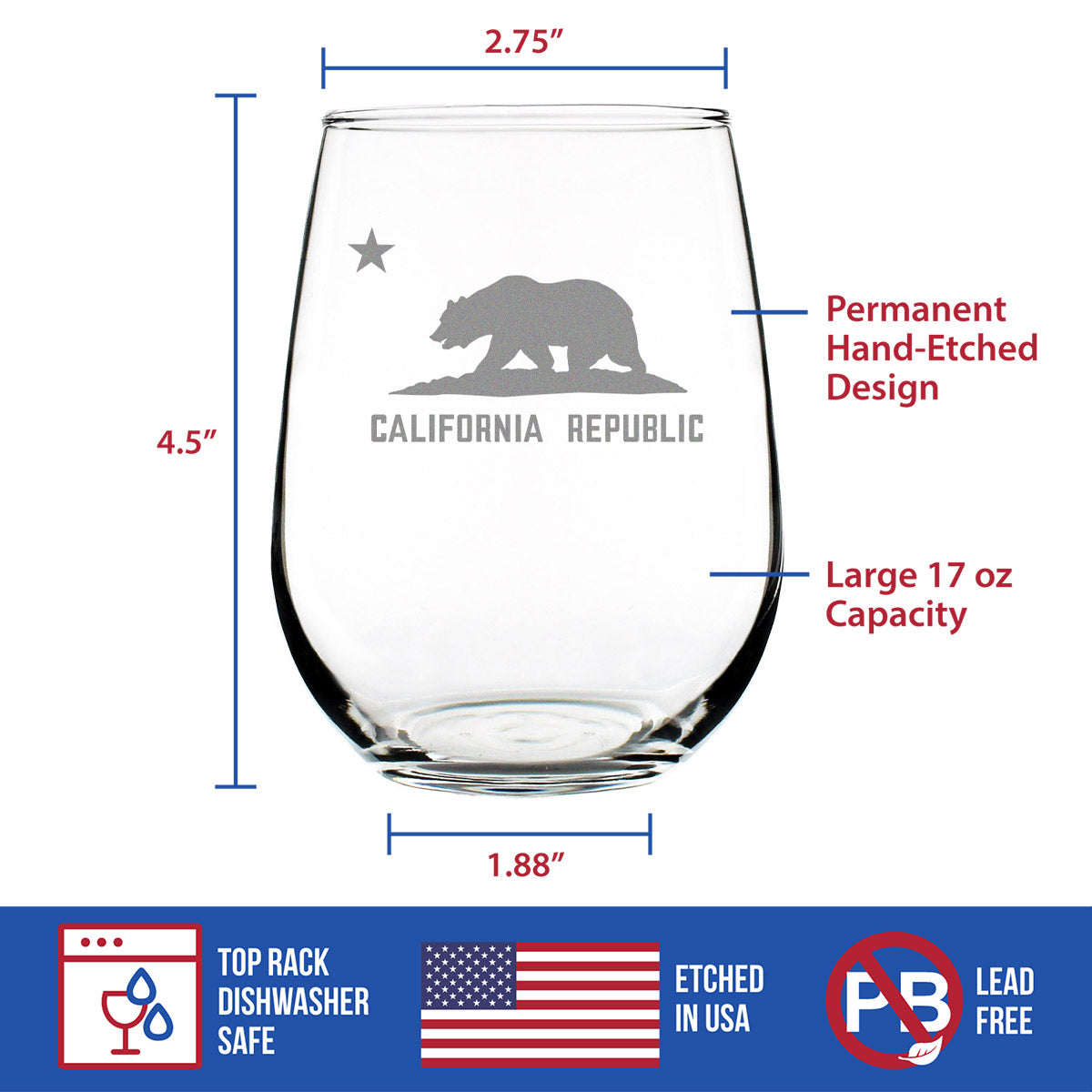 California Flag Stemless Wine Glass (17 oz)
