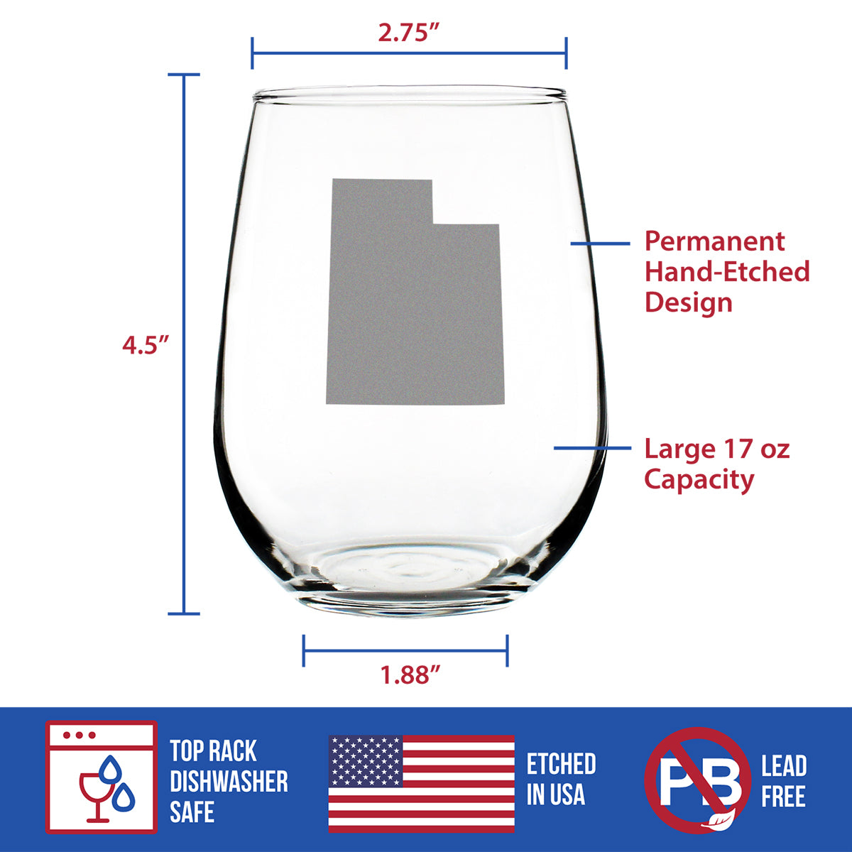 Utah State Outline Stemless Wine Glass (17 oz)