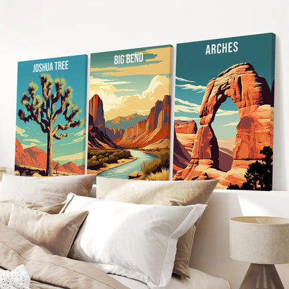 3 Piece USA National Park Art. Big Bend, Arches, Joshua Tree