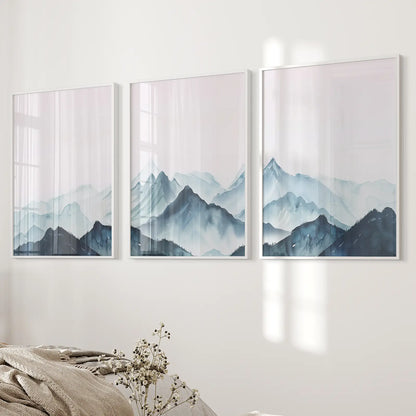 Modern Blue Watercolor Mountain Landscape Prints