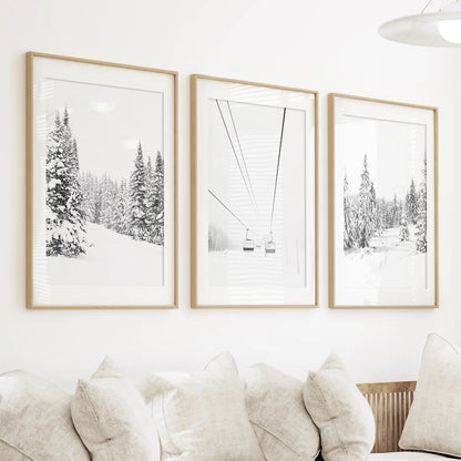 Winter Skiing Black White Wall Art. Ski Lift, Snowy Forest