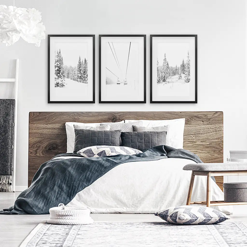 Winter Skiing Black White Wall Art. Ski Lift, Snowy Forest