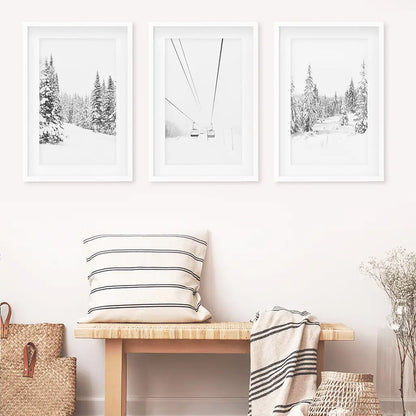 Winter Skiing Black White Wall Art. Ski Lift, Snowy Forest