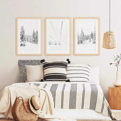 Winter Skiing Black White Wall Art. Ski Lift, Snowy Forest