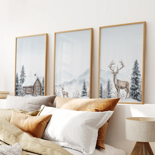 Snowy Deer Wall Art Set of 3. Winter Woodland Prints