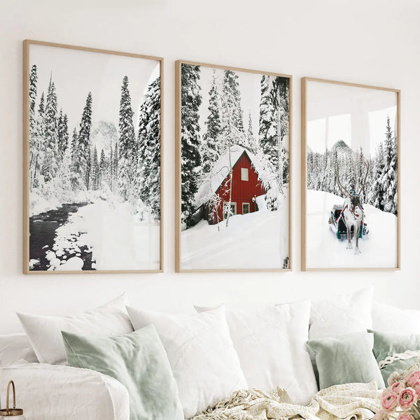 Winter Cabin Set of 3. Snowy Forest River, Red Cabin Landscape