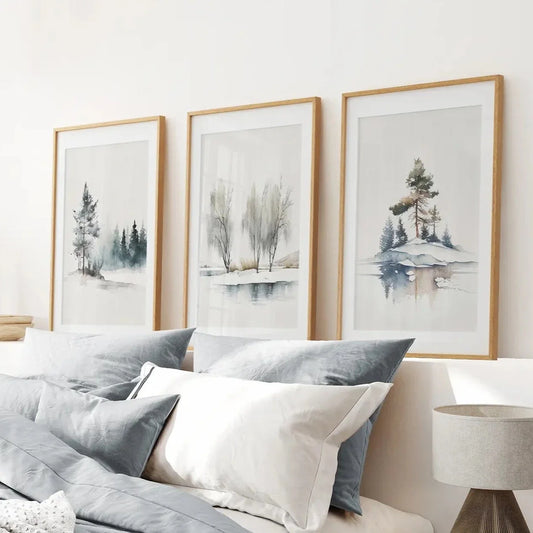 Winter Nature Set of 3 Wall Art Pine Forest Decor
