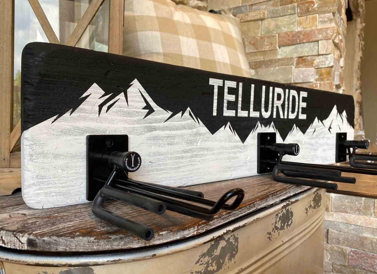 Personalized ski rack in a cabin
