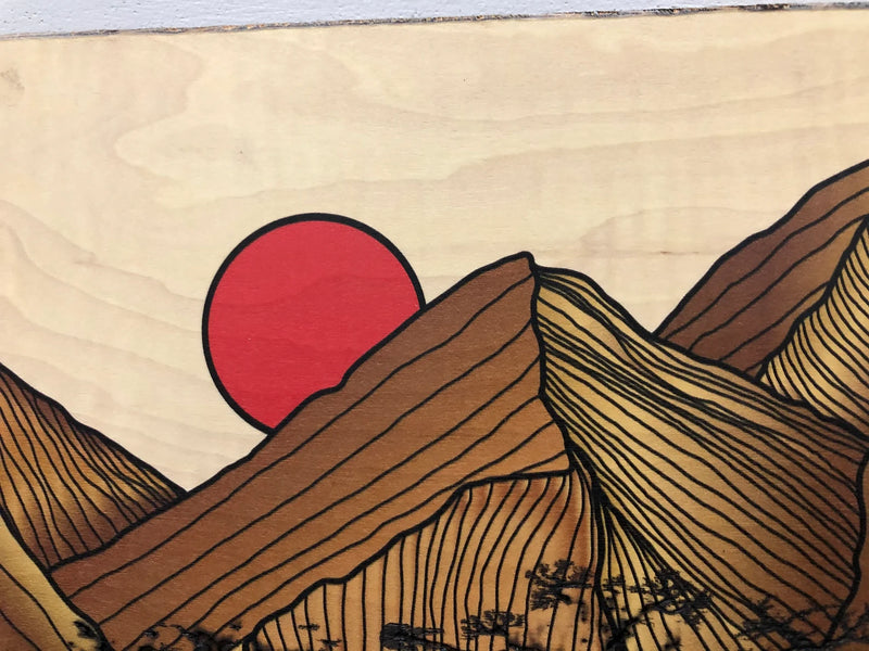 Golden Mountains - Burned Wood Print
