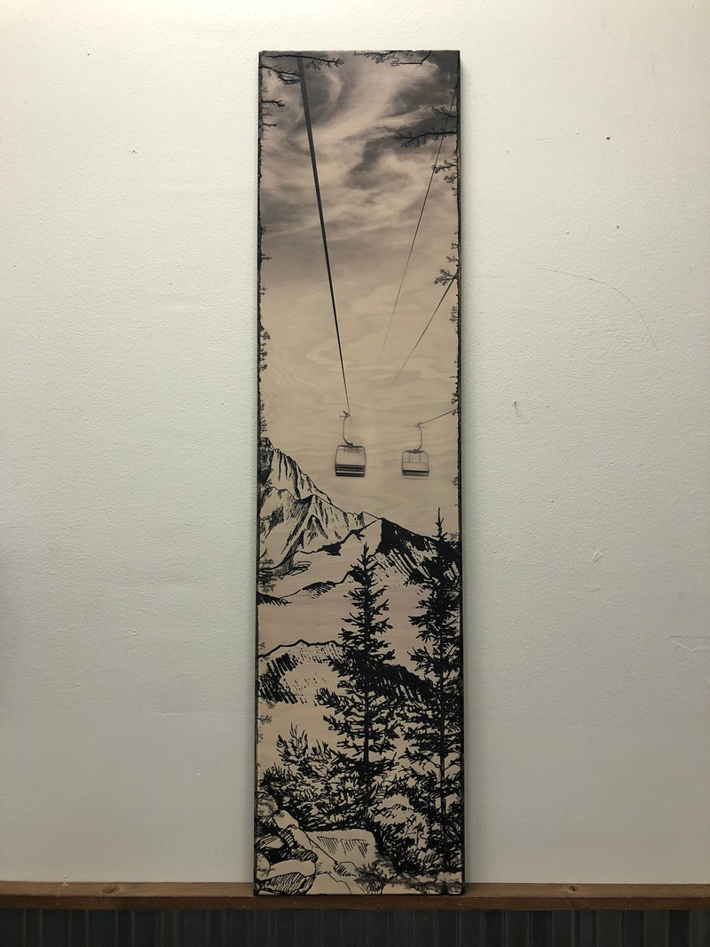 Winter Chairlift - Burned Wood Print Artwork